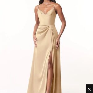 AZAZIE BRIELLE Champagne A-Line Cowl Spaghetti Straps Stretch Satin Dress